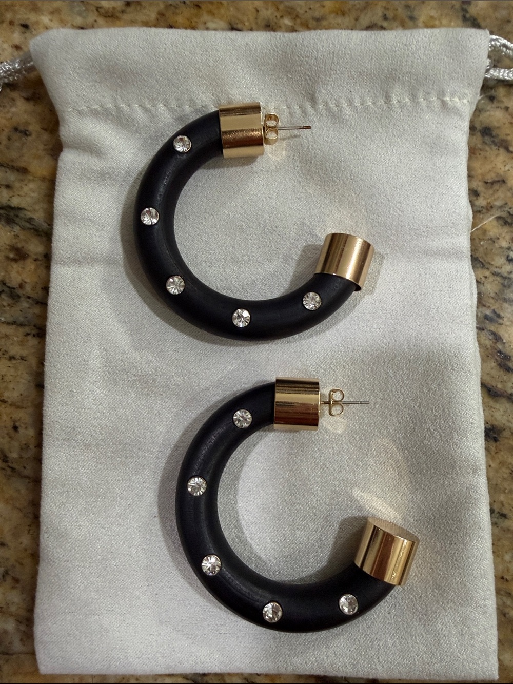 Gold & Black Hoop Earrings with Crystal Accents